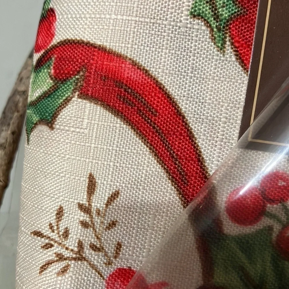 VINTAGE KMART TRIM A HOME HOLLY LEAVES BERRIES & RED RIBBON CHRISTMAS TABLECLOTH